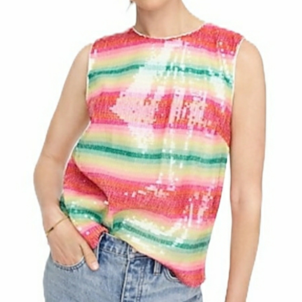 Jcrew Rainbow Stripe Sequin Sleeveless Shell Tank Top Sz XXS